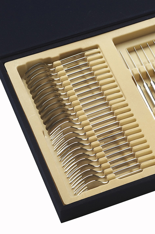 a wooden cutlery display box showing silverware organised inside