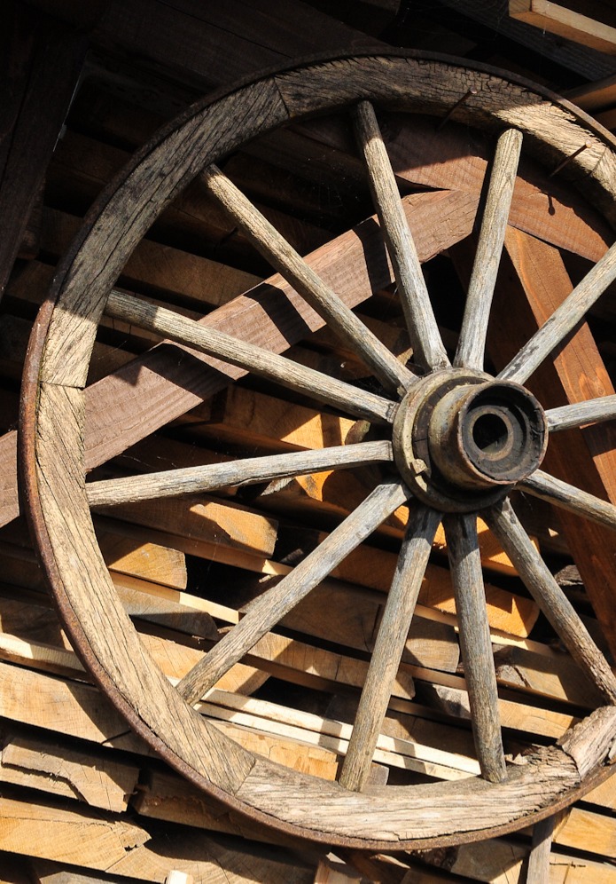 wooden wheel with spokes against a wood stack of timber