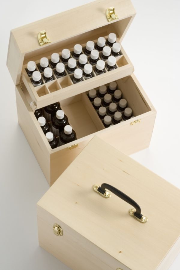 wooden cases with handles for bottles of aromatherapy oils