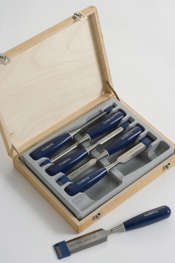 wooden display box with a chisel set