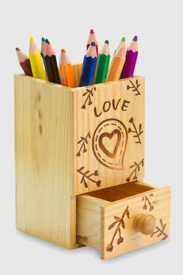 wooden square pencil case decorated with a heart and words