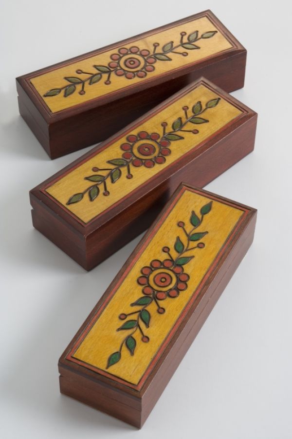 wooden pencil boxes which are lacquered and painted